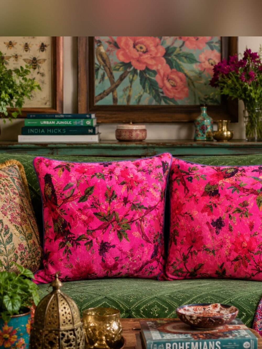 Eyes of India Velvet Floral Bird Throw Pillows Set of 2 Pink Boho Maximalist 20"